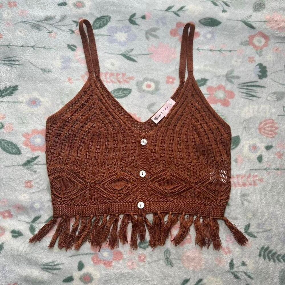 Y2K Western Tasseled Fringe Crochet Tank Top M - Boho Festival 2000s Brown Retro